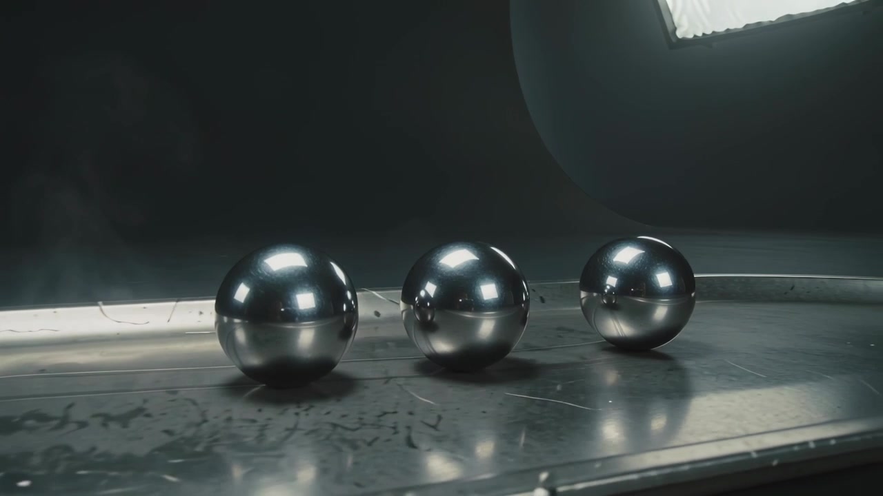 Moving camera making three chrome spheres reflecting studio softbox light, showing tray scratches