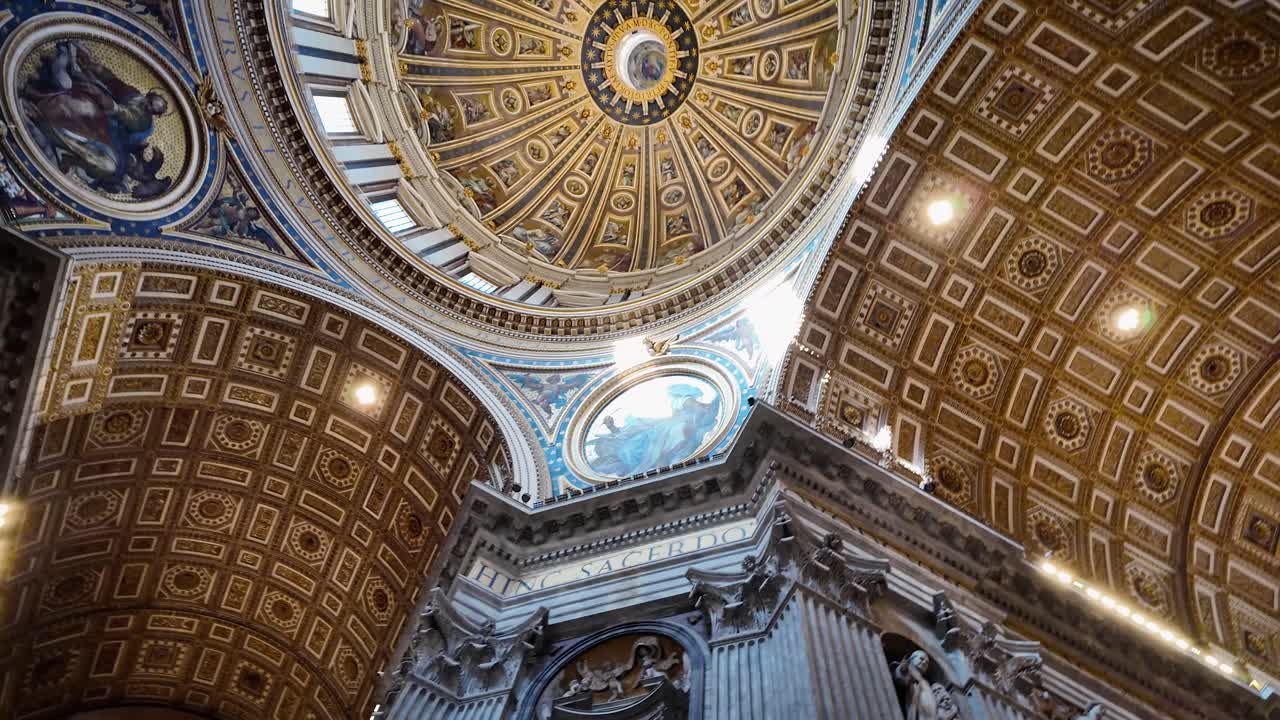 Orbital shot of the interior of St. Peter's Basilica, filmed from the position of the main altar, highlighting the basilica's main elements: Bernini’s Baldachin and Michelangelo’s Dome