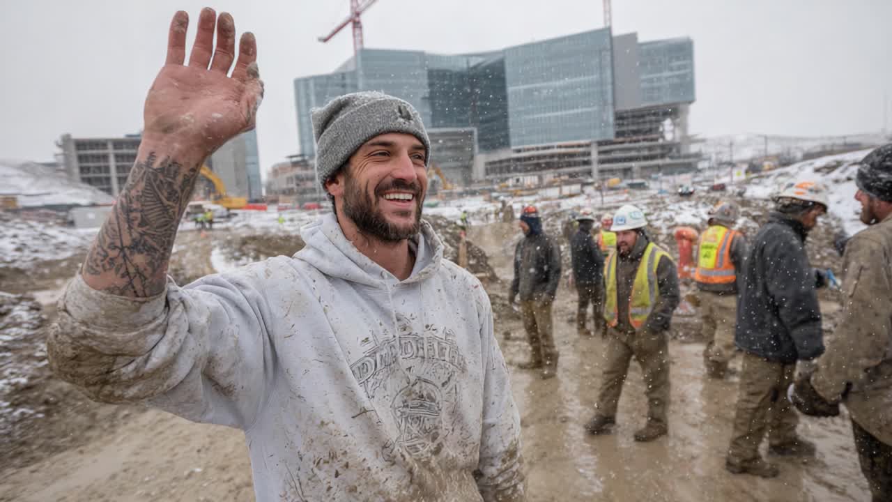 Construction Workers in a Snowy Environment: Smiling and Waving at the Camera While Building a Modern Structure, Dirt and Mud Covering Their Gear