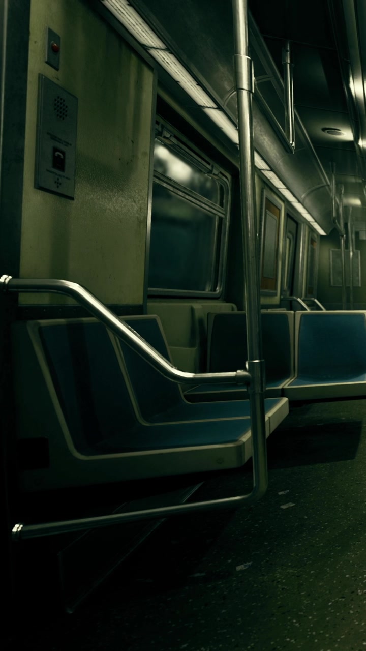 L'interno della metropolitana mostra sedili vuoti e pali di metallo durante un viaggio a tarda notte
