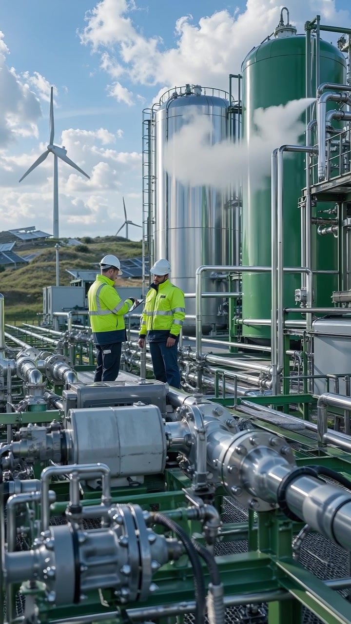 Ingenieros con equipo de seguridad inspeccionando infraestructura de energía sostenible en una planta industrial moderna con aerogeneradores