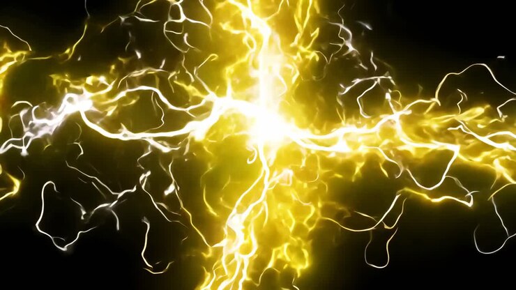 A yellow and white electric spark with a yellow light in the middle. The image is of a lightning bolt
