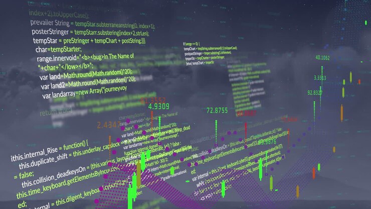 Animation of financial data processing against dark clouds in the sky