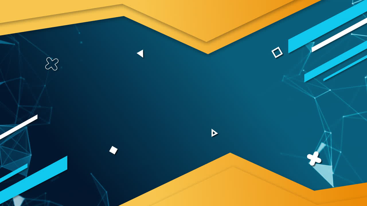 Animation of yellow blue and white graphic elements floating on mid blue background