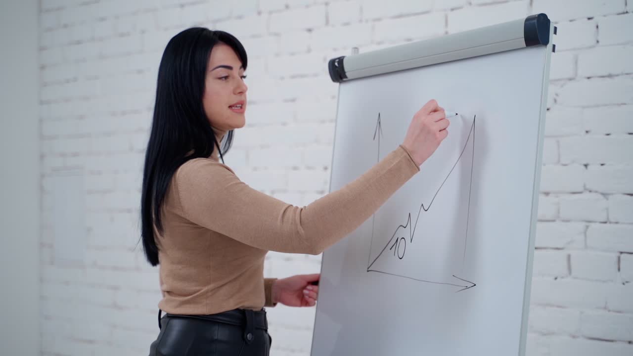Female freelancer writing on a board. Beautiful young woman is writing graphics on a white board in the light room.
