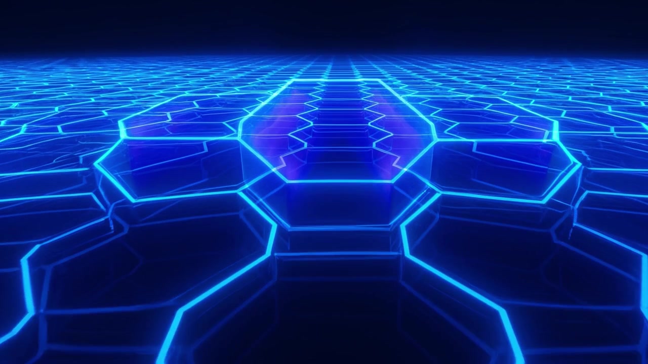 Sfondo astratto a griglia esagonale blu luminosa con effetto di luce espansiva