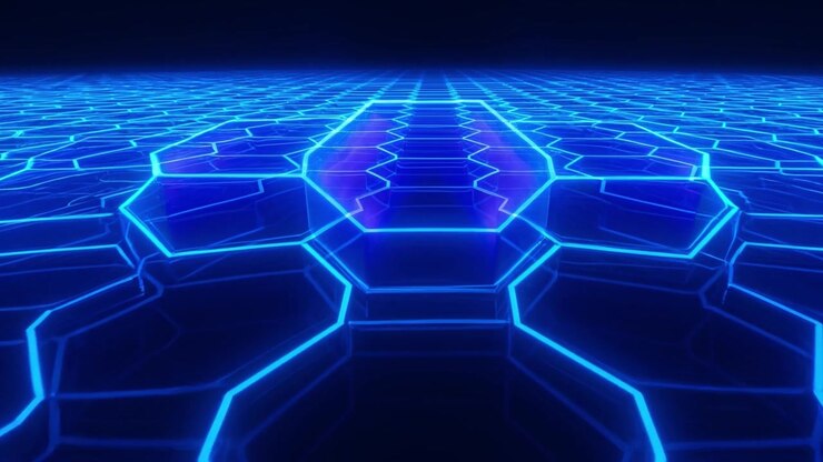 Sfondo astratto a griglia esagonale blu luminosa con effetto di luce espansiva