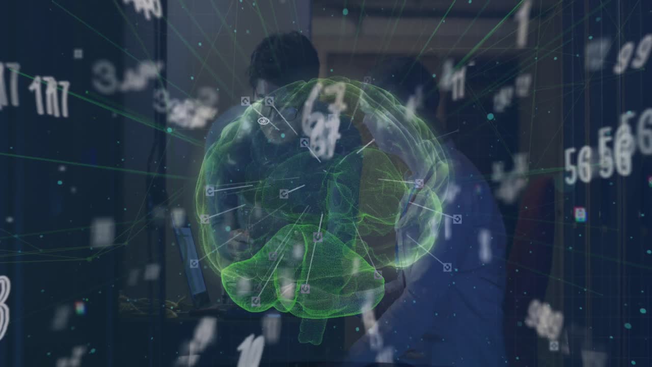 animación del procesamiento de datos y el cerebro digital sobre diversos trabajadores en la sala del servidor