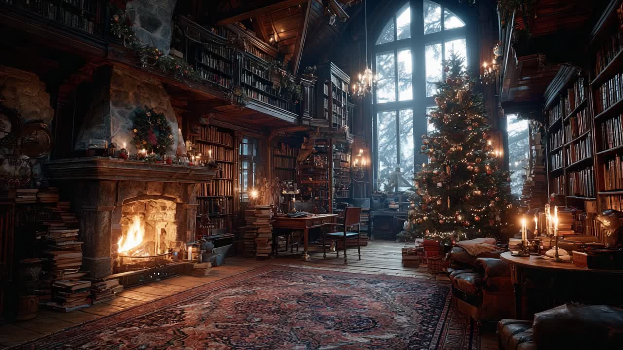 A Cozy and Festive Library Scene Featuring a Crackling Fireplace, Elegant Christmas Tree, and Warm Ambiance Capturing the Essence of Holiday Spirit in a Classic Setting