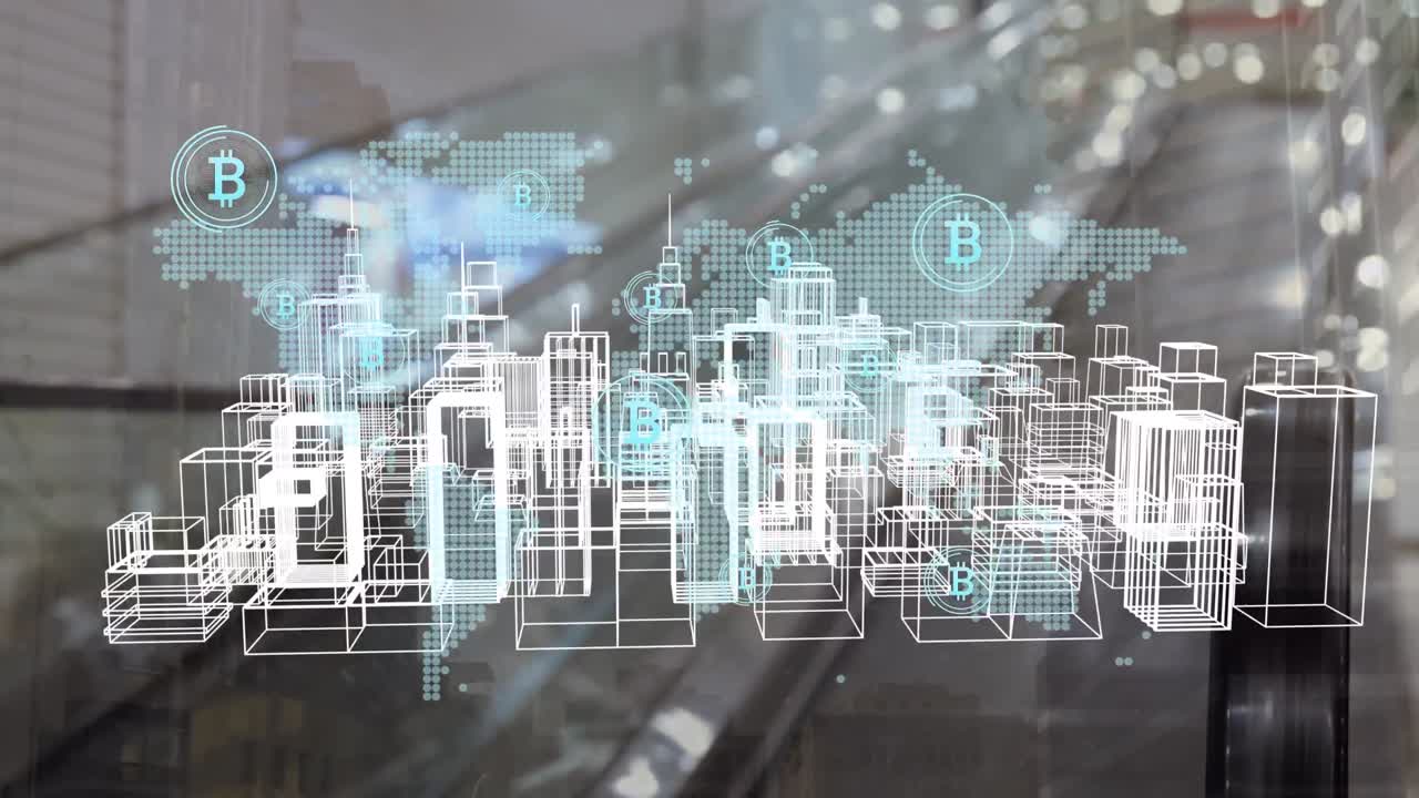 animación del procesamiento de datos financieros sobre el paisaje urbano