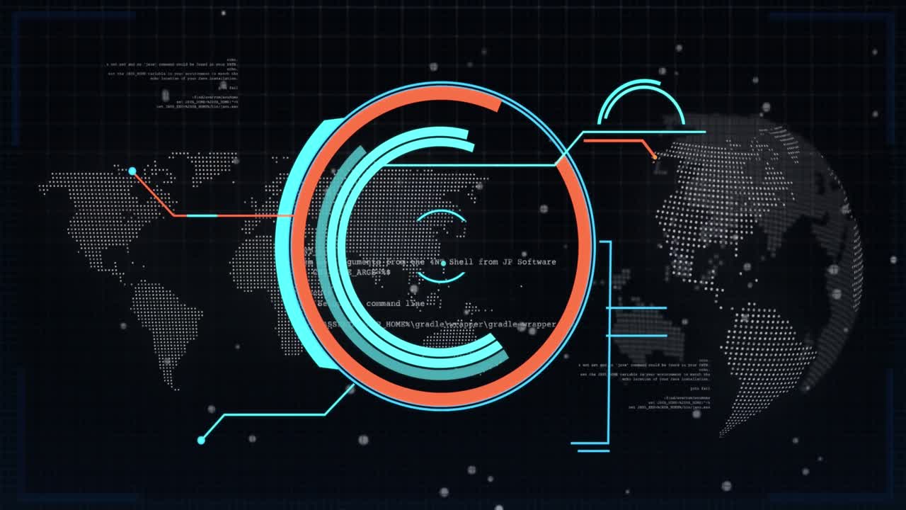 Round scanner and data processing against world map and spinning globe on black background