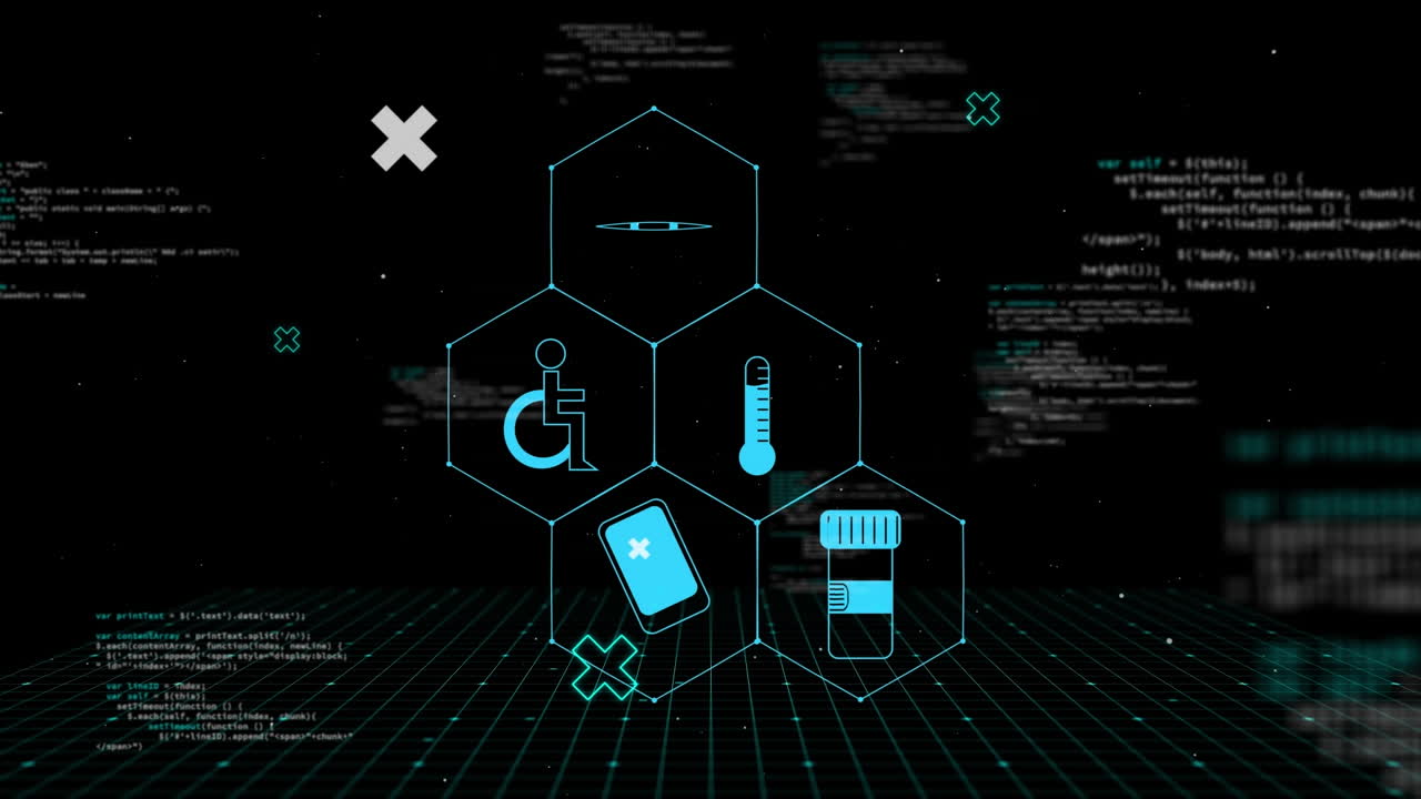 Animation of medical icons and data processing on black background