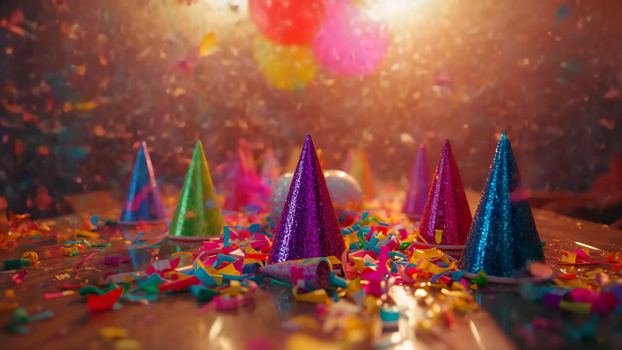 Drifting confetti swirling around glitter hats and balloons on wooden tabletop at 1-second mark