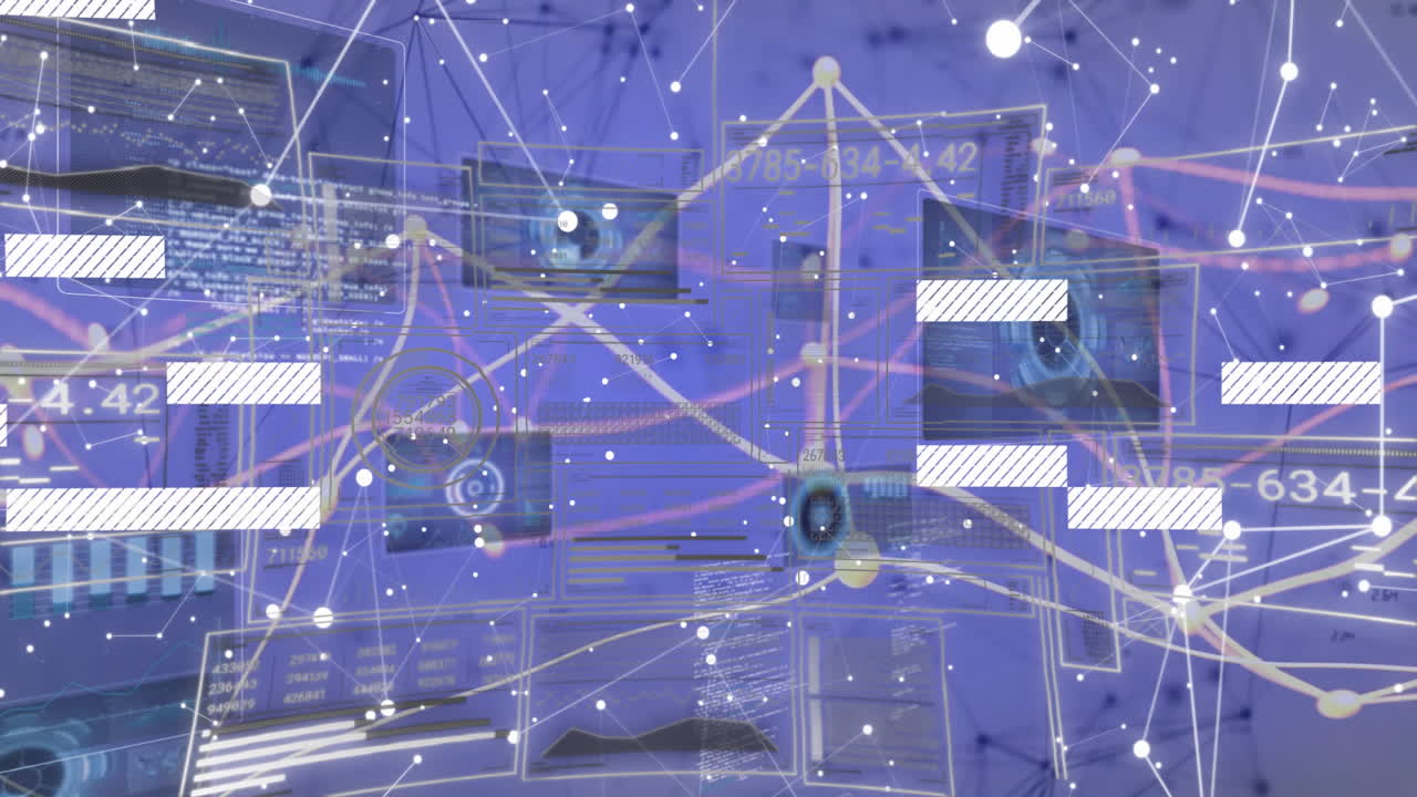 Network node visualization moving in flat design, showing floating UI panels, glowing data streams