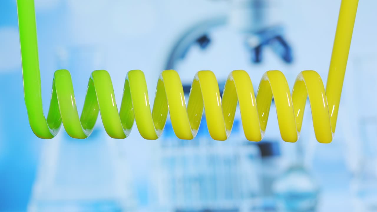 화학 실험실에서 녹색 액체 튜브의 색이 노란색으로 변합니다. 녹색 액체를 천천히 움직이는 나선형 튜브.