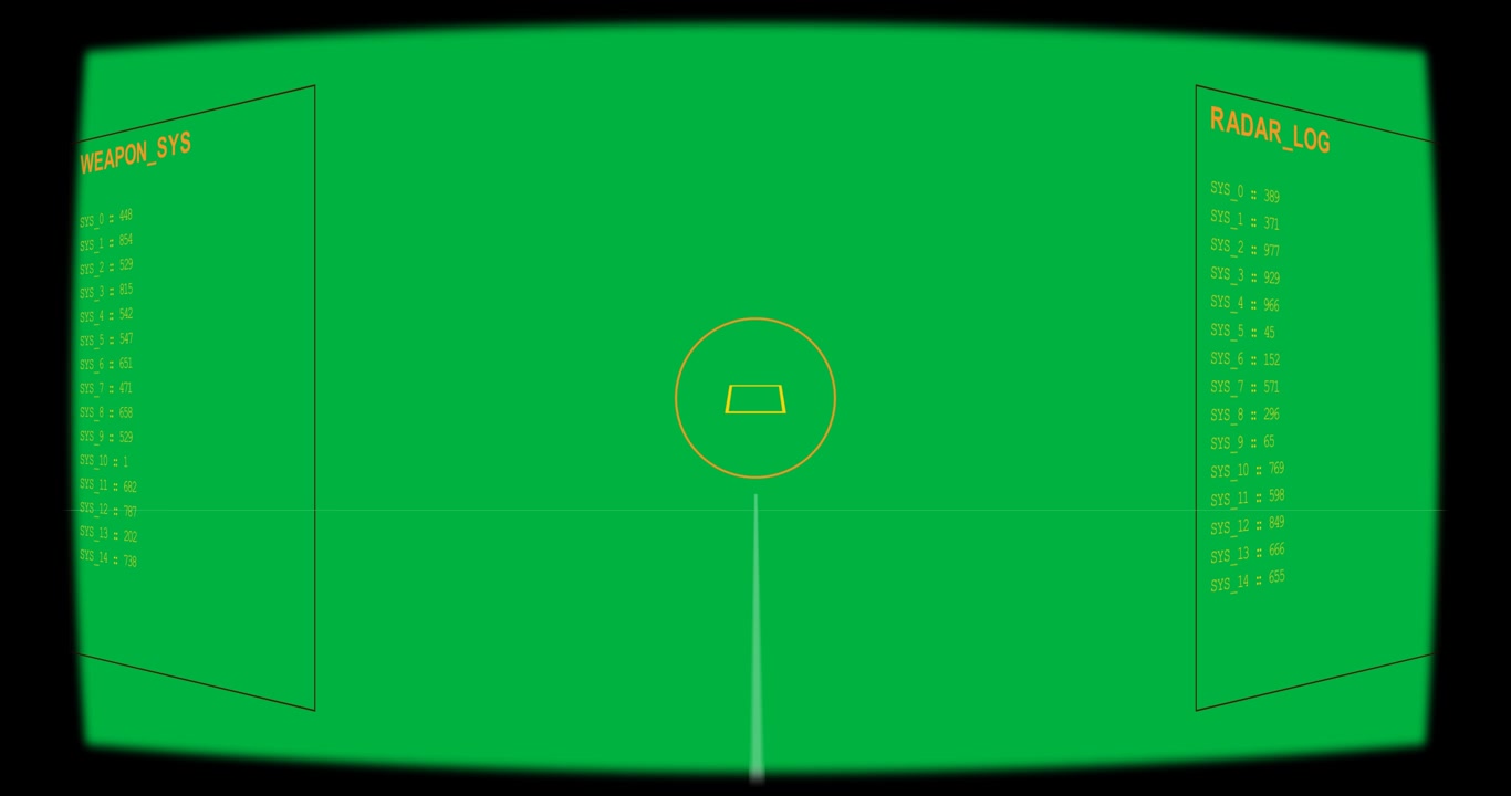 Beam hitting HUD marker, inner square rotating edge-on to face for aiming, side panels, transparent