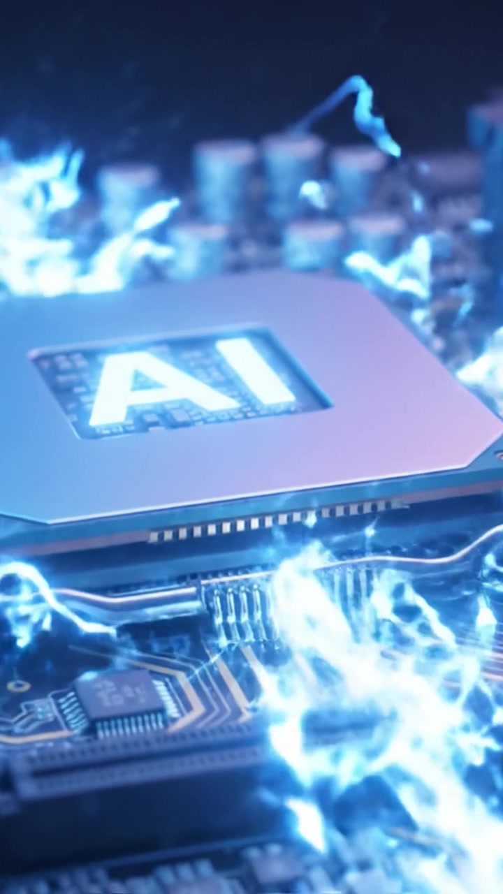 Nærbillede af en avanceret AI-processor på et printkort, der viser kompleks mikroarkitektur og elektroniske komponenter under dramatisk belysning.