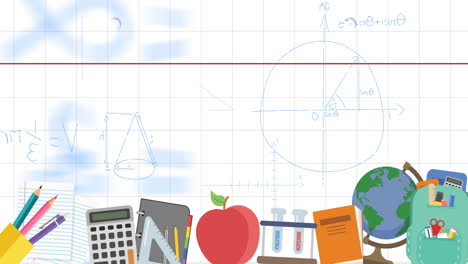 Animación-De-Artículos-Escolares-Y-Dibujos-Matemáticos-Sobre-Fondo-Cuadrado-Blanco