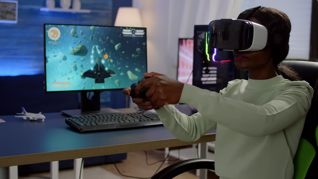 African player woman wining space shooter game using virtual reality goggles