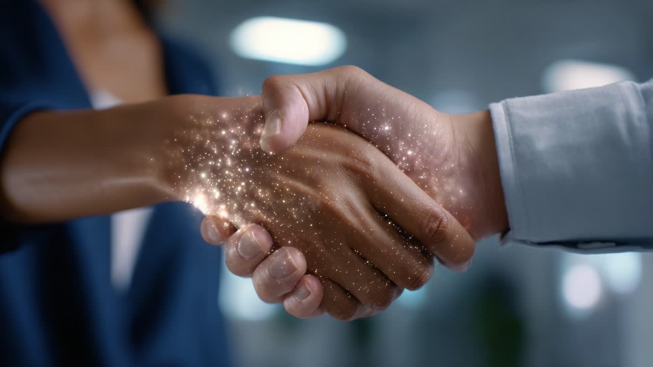 A Dynamic Handshake Symbolizing Partnership, Cooperation, and Connection, Enhanced with Sparkling Effects for a Captivating Visual Experience in Business Contexts