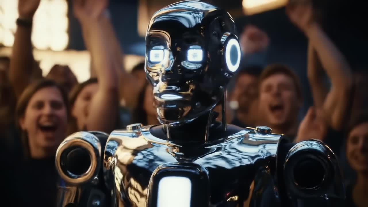 An Enthusiastic Crowd Cheers for a Futuristic Robot in a Dynamic Setting, Showcasing the Intersection of Technology, Emotion, and Entertainment in Modern Society