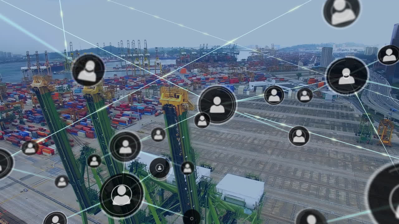 animación de la red de conexiones con iconos sobre los muelles