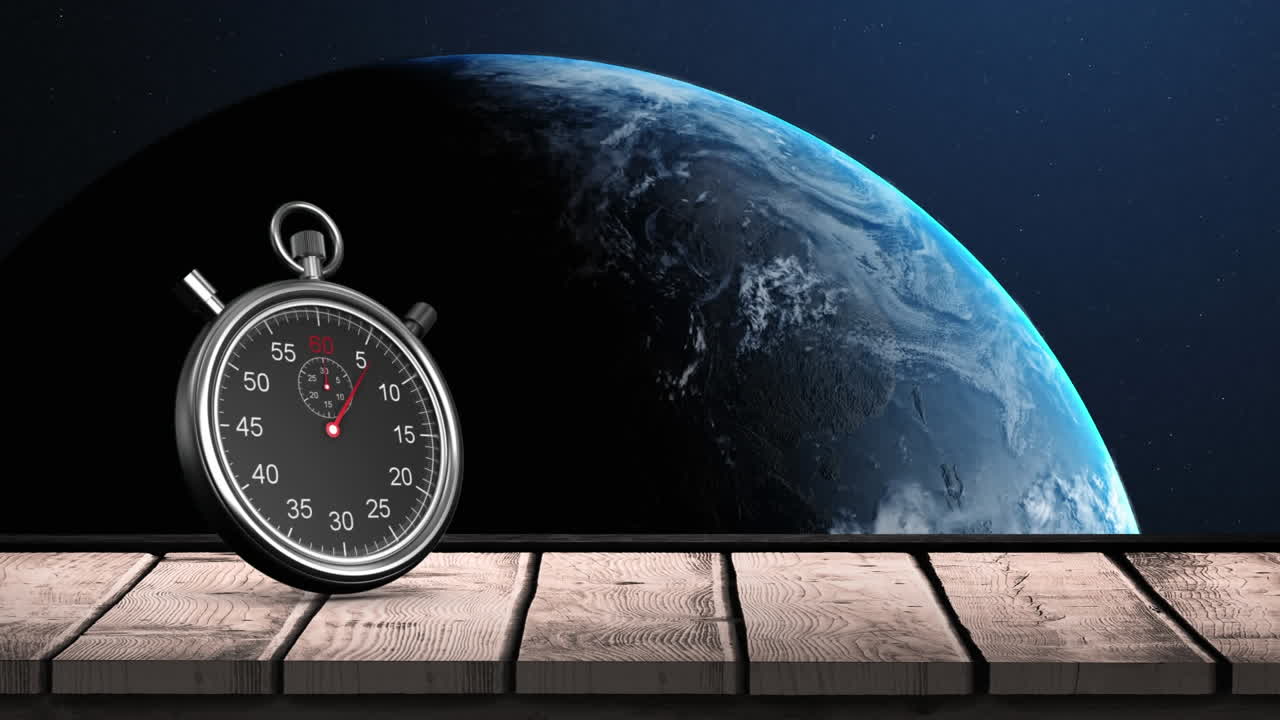 Animation einer tickenden Stoppuhr über einer sich drehenden Weltkugel auf blauem Hintergrund