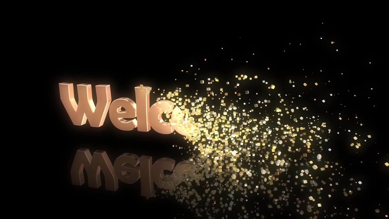 Rendering 3D del testo "welcome" con particelle dorate luminose che si disperdono e si riflettono su sfondo scuro, creando un'elegante animazione progettata per visual di introduzione e sovrapposizioni video.