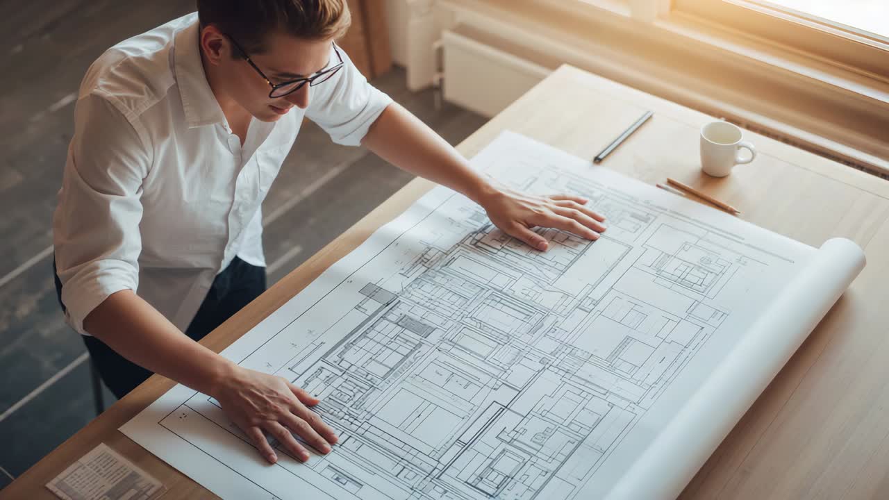 Unrolling blueprint, male architect in white shirt smoothing and inspecting plan at wooden table