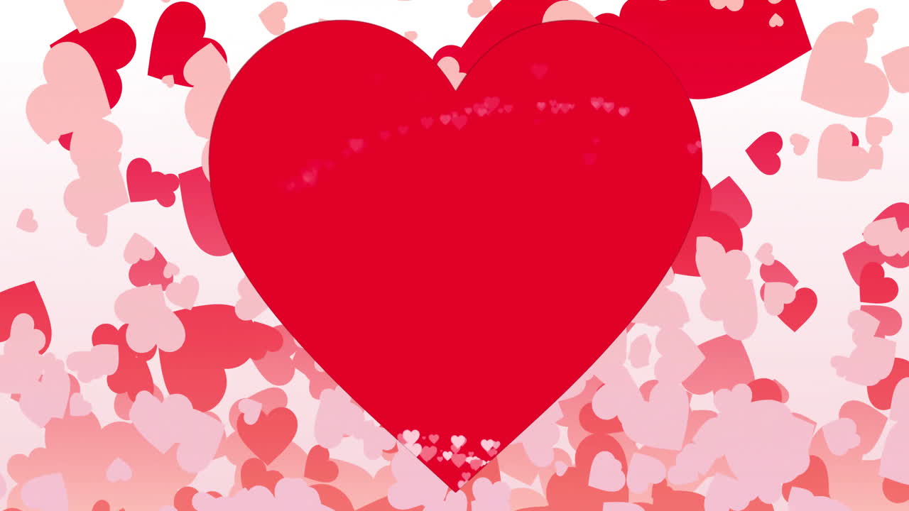 빨간색 심장이 작은 심장으로 둘러싸여 있습니다. 분홍색과 색 바탕에 애니메이션이 있습니다.
