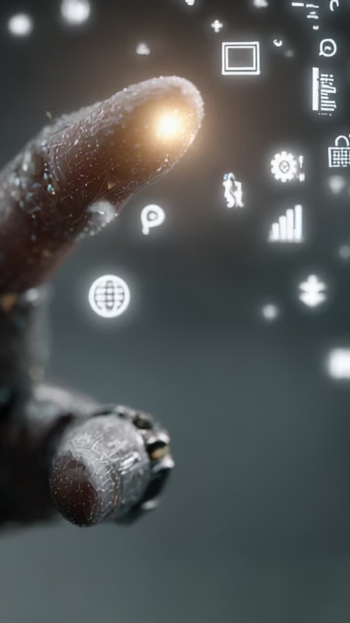 A Close-Up of a Textured Hand Reaching Out to Engage with Floating Digital Icons Representing Technology, Communication, and Interaction in a Futuristic Setting
