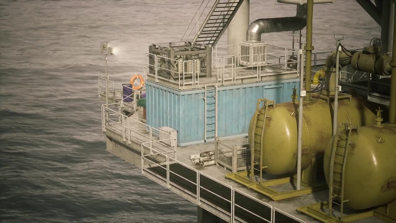 Offshore petroleum rig with safety railing and slipresistant surface