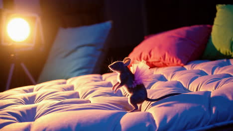 a mouse in a tutu on a bed