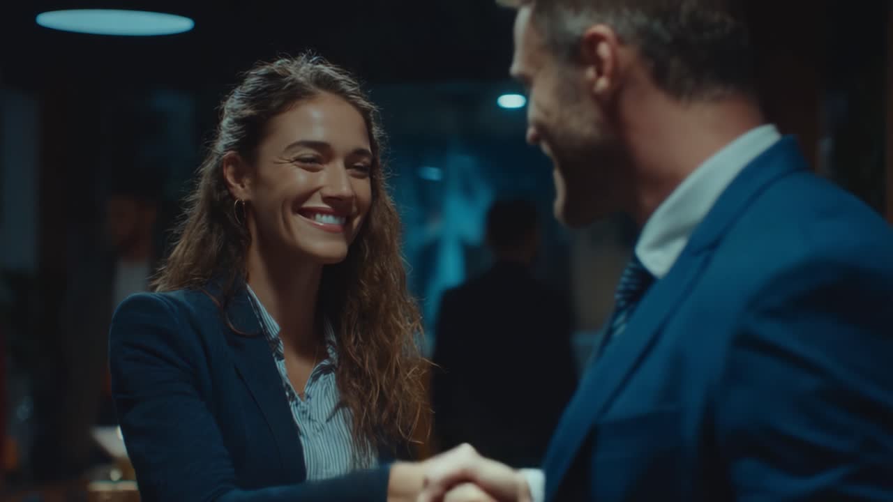 Et varmt professionelt møde: To kolleger, der giver hånd og deler smil ved et virksomhedsarrangement, hvilket viser et positivt arbejdsmiljø.