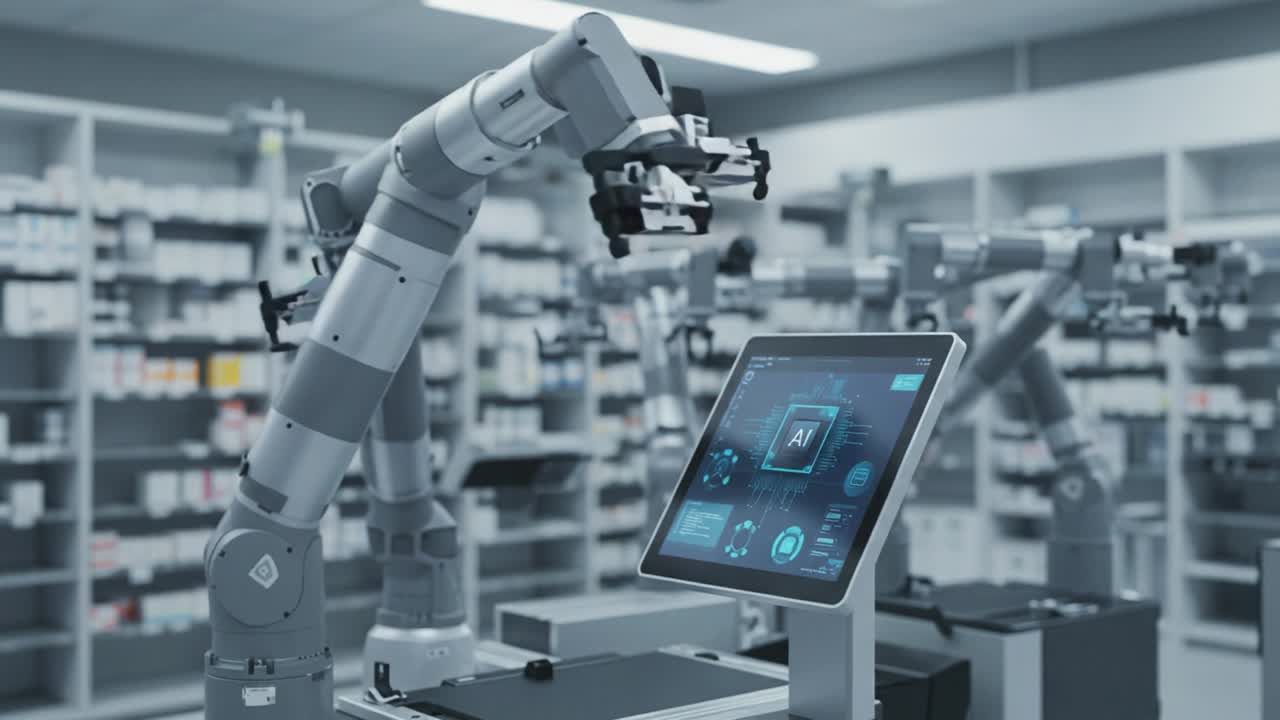 Advanced Robotic Automation Systems in a Modern Pharmaceutical Environment, Exemplifying AI Integration and Precision in Pharmacy Operations