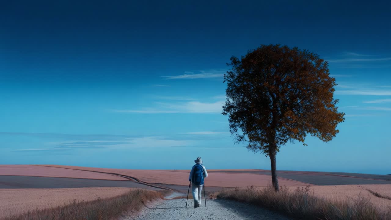 A solitary figure embarks on a tranquil journey along a winding path, flanked by a single tree, invoking a sense of peace and contemplation amidst nature's beauty