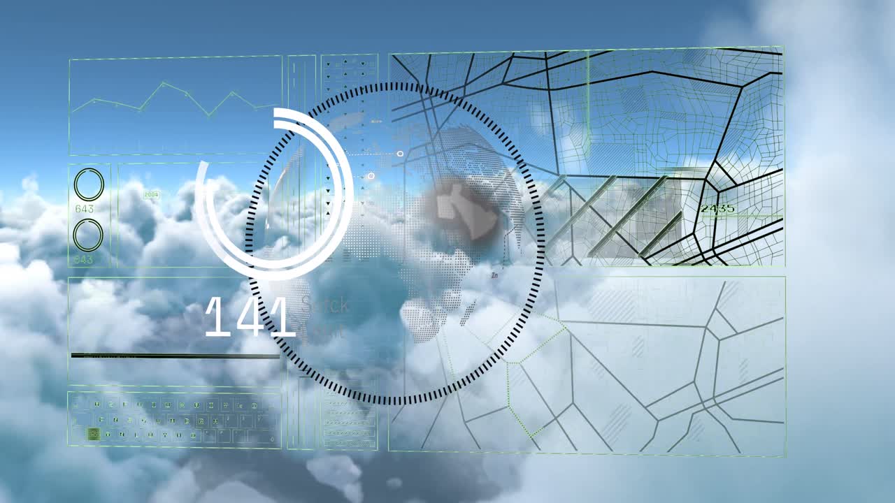 파란 하늘의 구름에 대항하여 회전하는 지구상에서 데이터 처리에 대한 인터페이스의 애니메이션