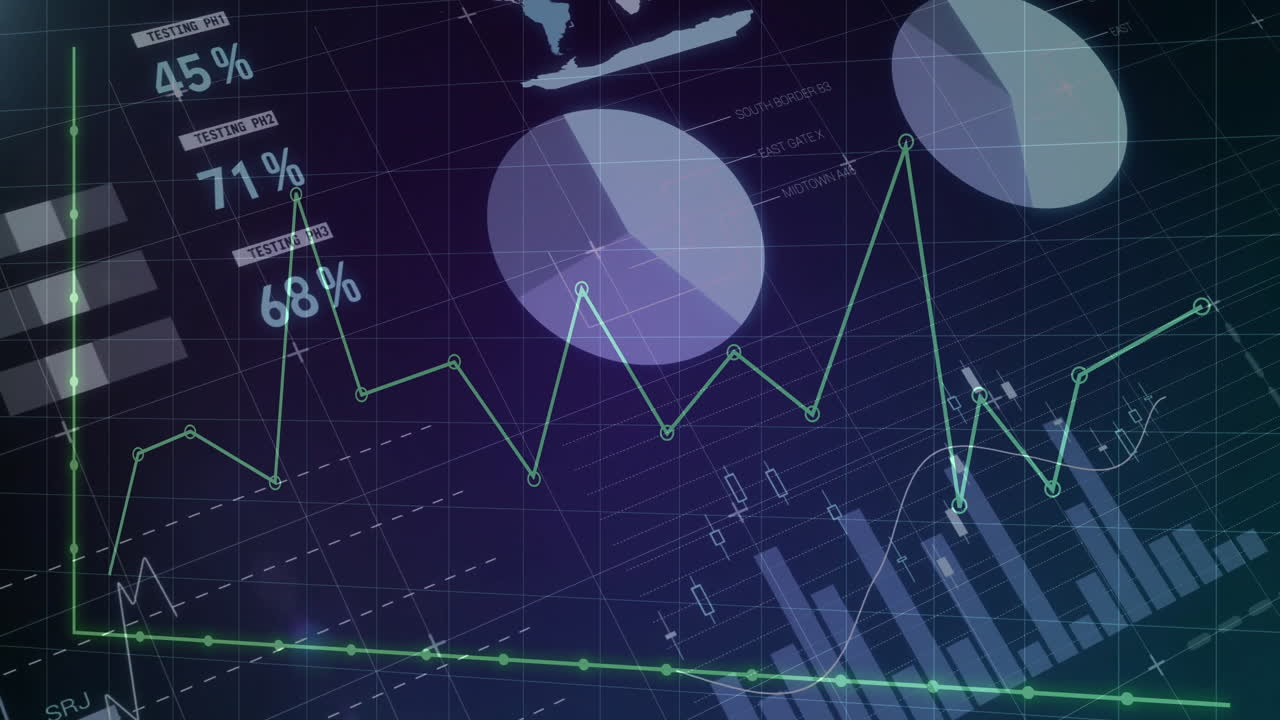 Translucent pie chart being animated on dark grid with green line graph and blue bar chart