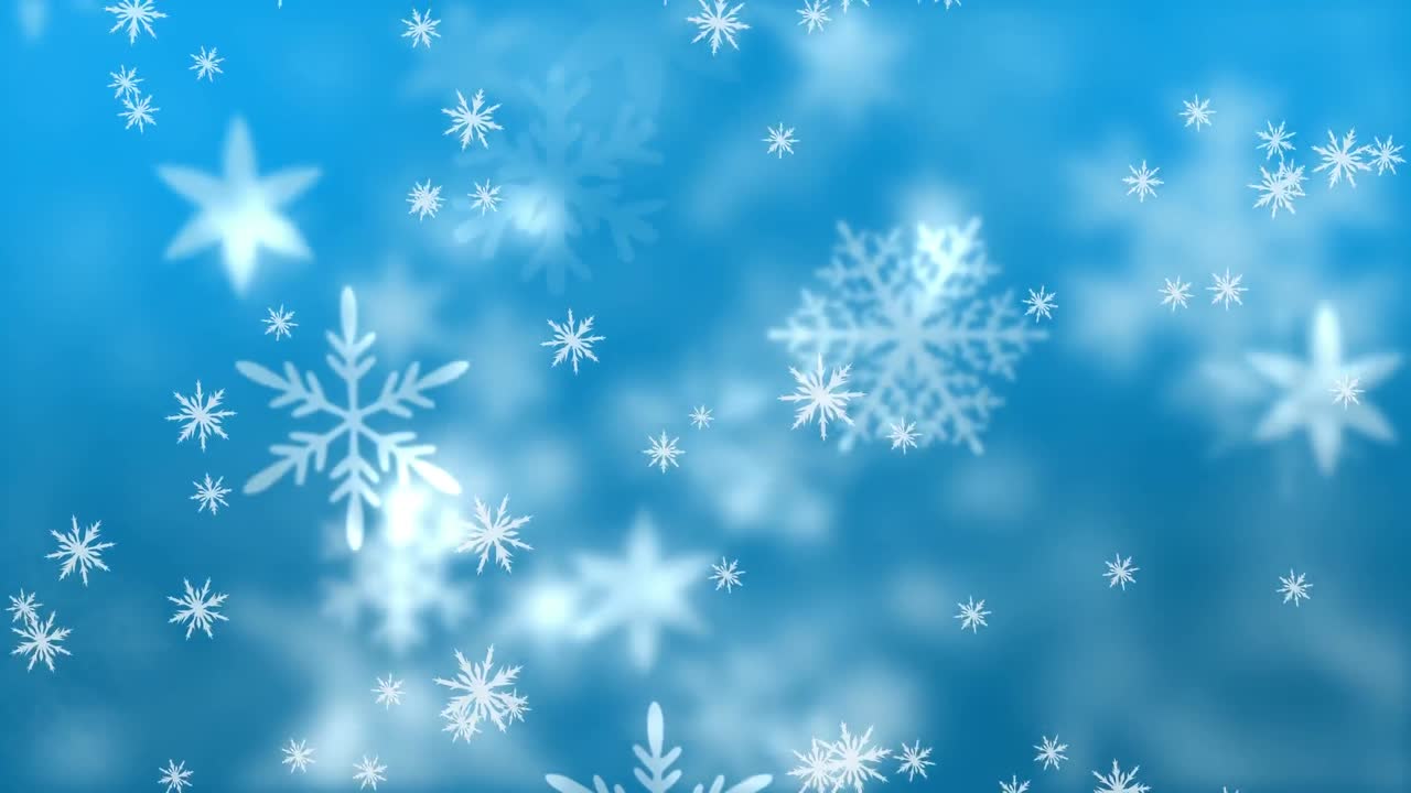 Animation of winter scenery with snowflakes falling on blue background