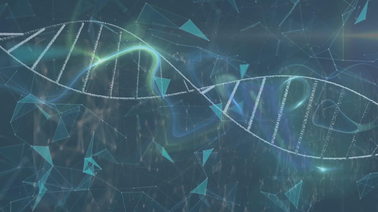 dna의 애니메이션, 디지털 인터페이스에서 빛  ⁇ 으로 점을 연결하는 기하학적 모양