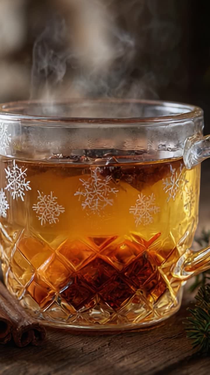 Eine gemütliche Tasse dampfend heißen Tee: Ein warmes Getränk mit aromatischen Gewürzen, das an einem kalten Tag in einem wunderschön gestalteten Glas serviert wird