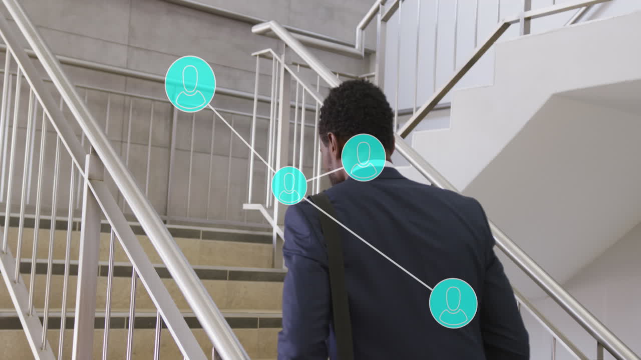 Animation of connections with data processing over african american businessman in office