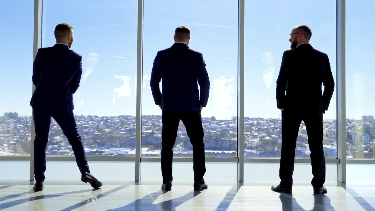 Funny businessmen near office windows. Men in elegant costumes having fun while looking through large windows. Rear view.