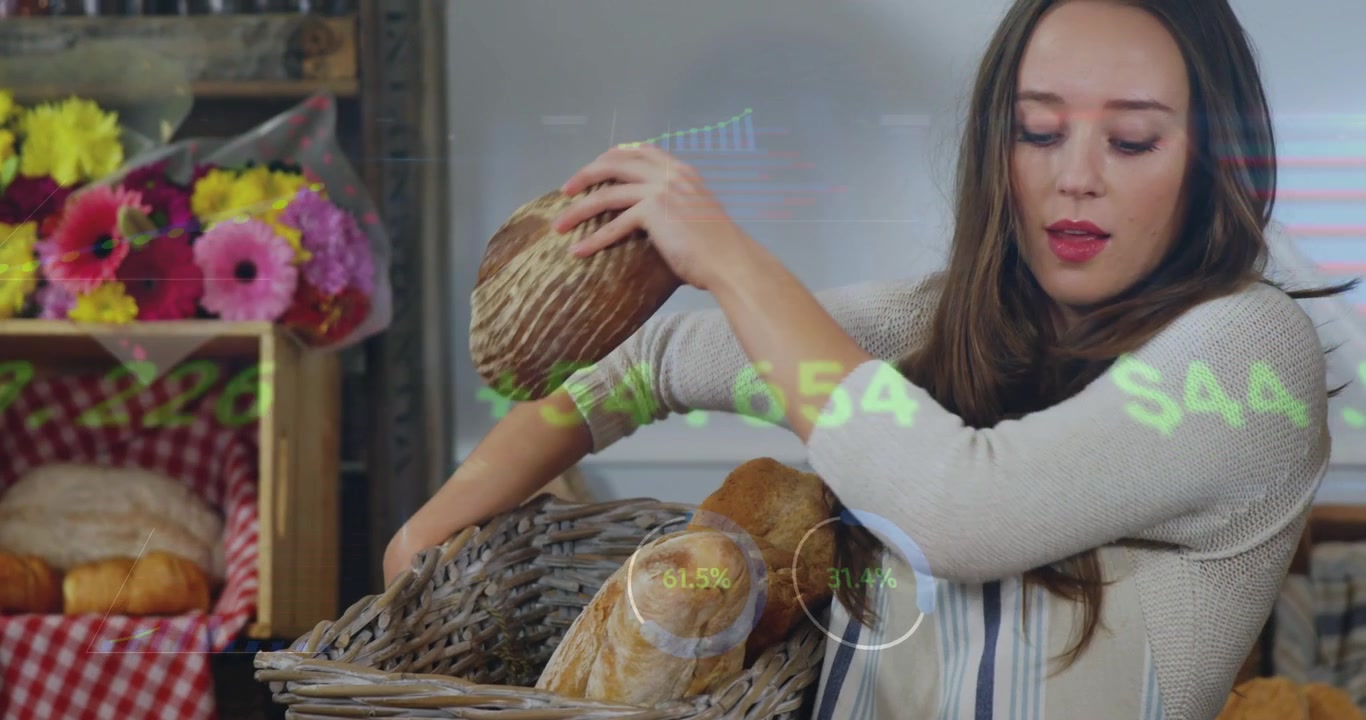 Funcionário da padaria firmando a cesta e depois arrumando pães para exibição, enquanto gráficos de vendas animados sobem.