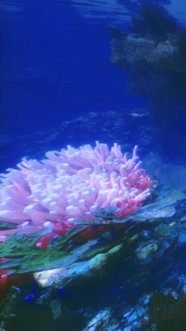 Barriera corallina con anemoni rosa in acqua blu limpida durante il giorno.