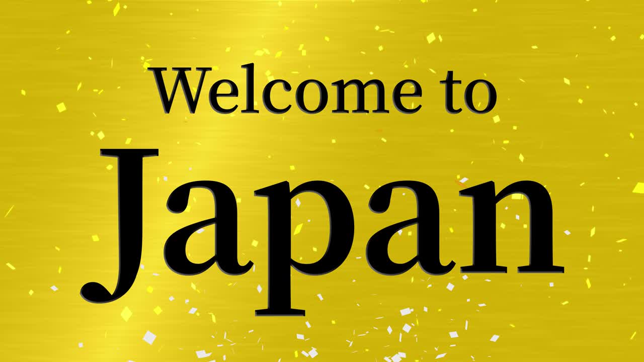 Grafis gerak animasi teks dengan pesan 'Selamat Datang di Jepang'.