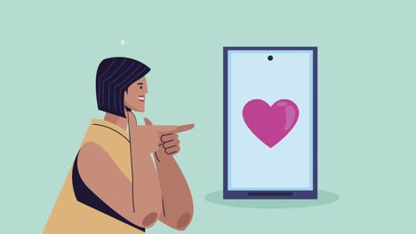 young woman with heart in smartphone