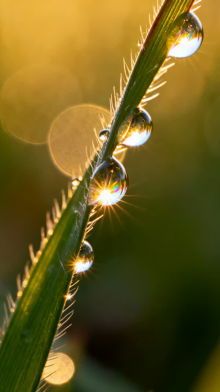 Video verticale: Una lama d'erba che rivela goccioline di rugiada nel prato, con il sole che si muove creando un effetto bokeh a stella.