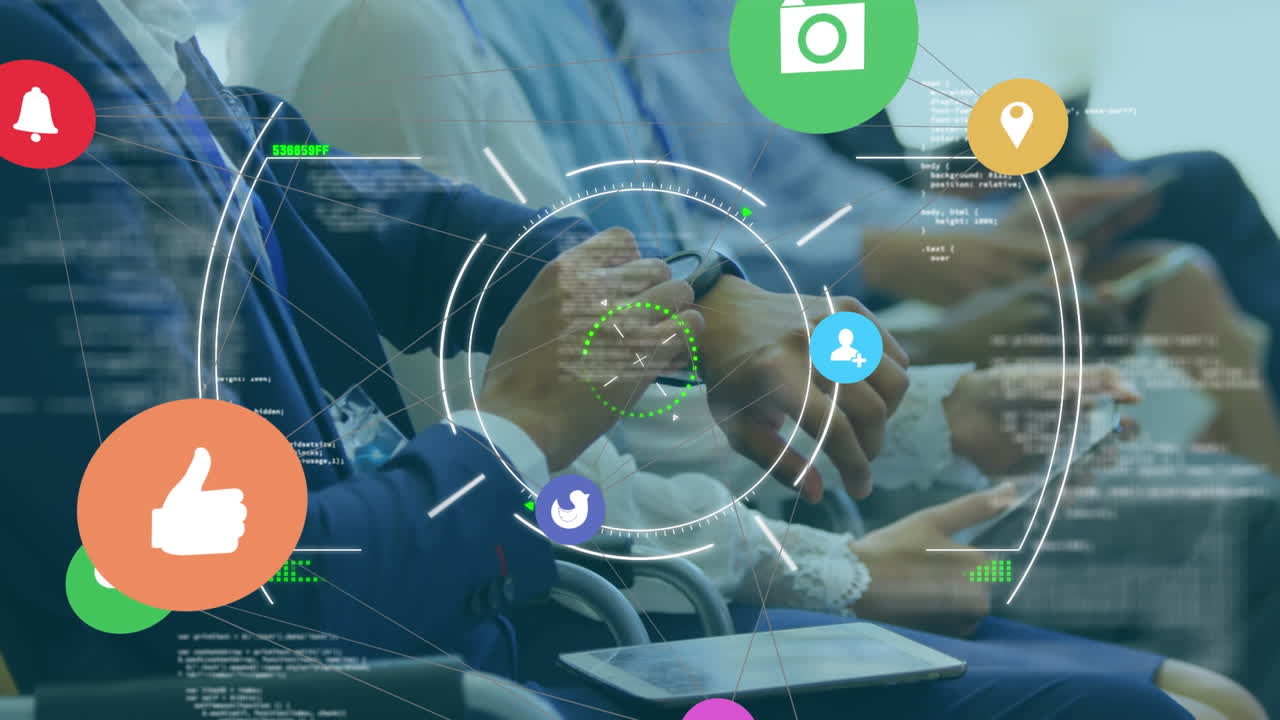 연결 아이콘의 웹과 스마트폰을 사용하는 사람에 대한 범위 스캐닝