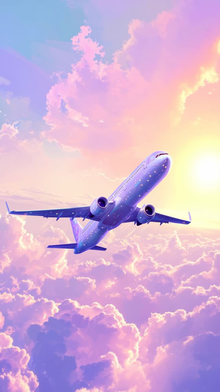 A vibrant video concept of a plane soaring through pastel skies, captured from a low-angle